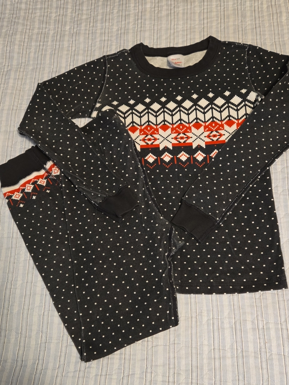 Hanna Andersson Black and White Polka Dot Pajama Set with Orange Fair Isle